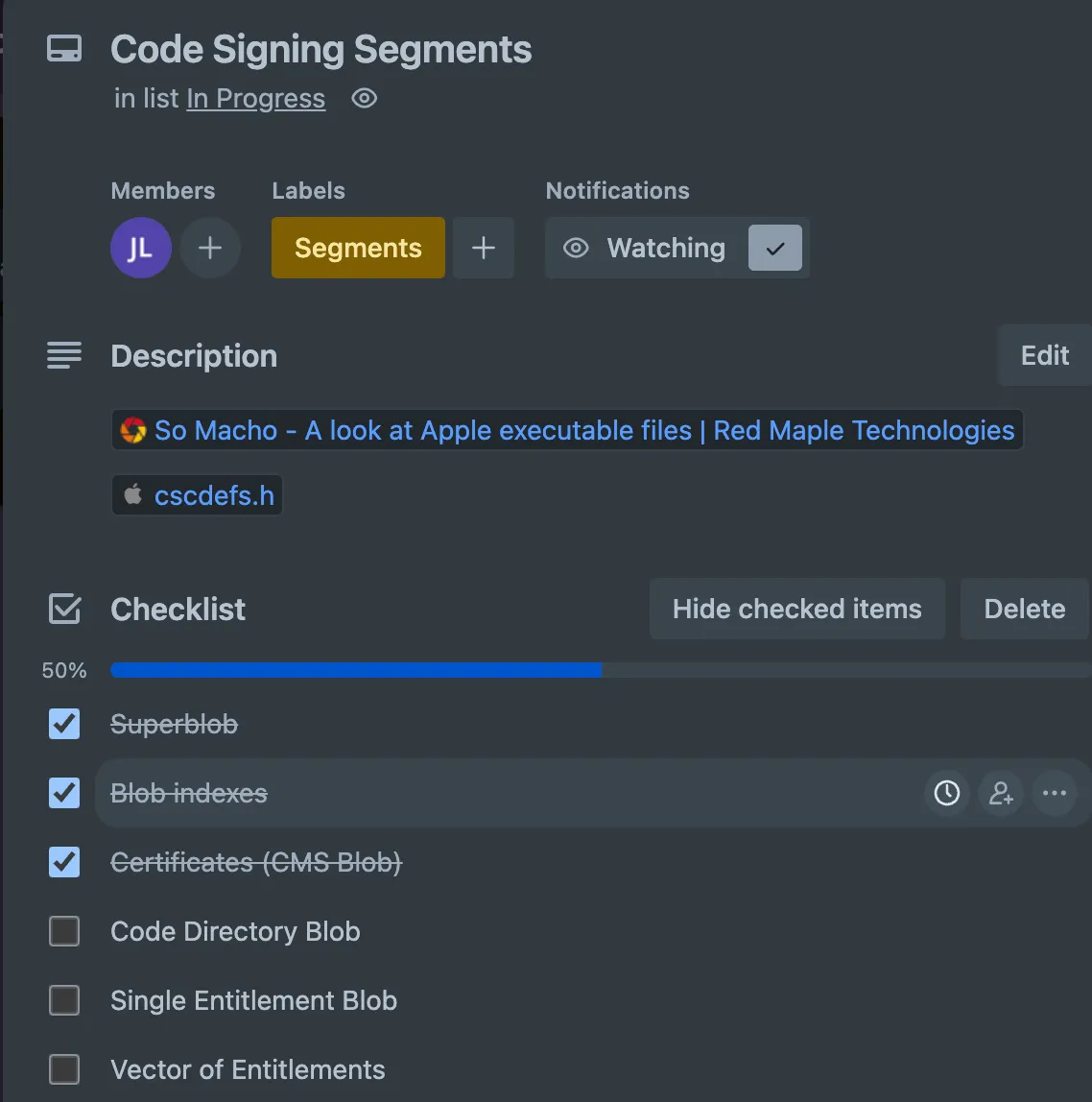 screenshot of a single trello ticket for code signing segment parsing for Mach-O
