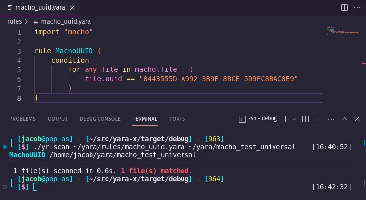 terminal screenshot showing the yara rule matching