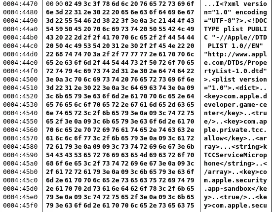 hex dump of a Mach-O binary showing the entitlements XML