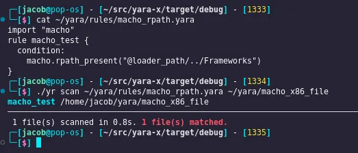 image showing a command line terminal with a passing yara rule