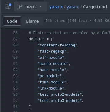 screenshot of GitHub showing the default build features of YARA-X, which included Mach-O module