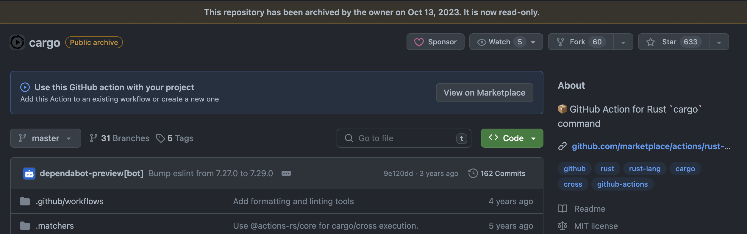 screenshot of the actions-rs/cargo repo