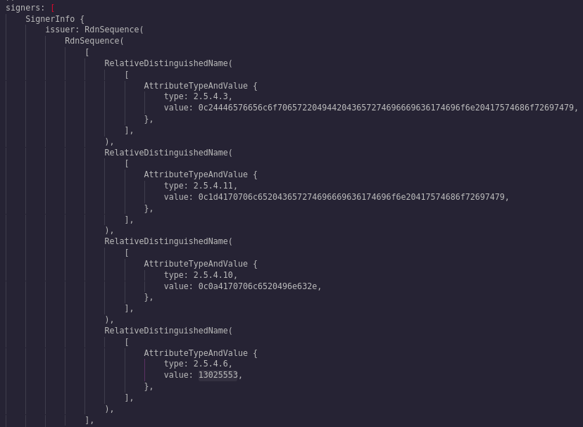 parsed certificate for Mach-O binary